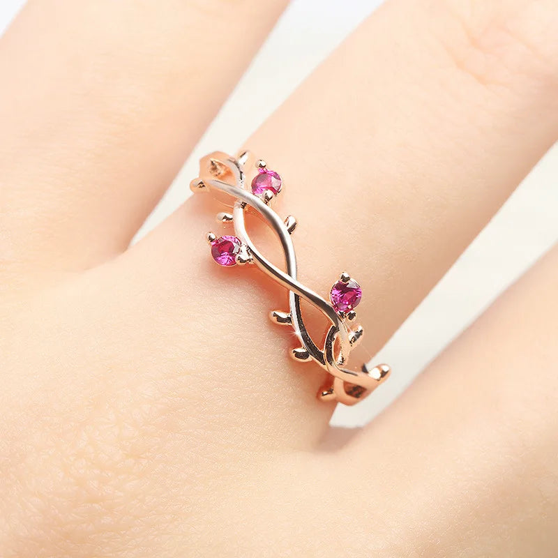 Romantic Rose Red Crystal Engagement Rings Creative Vine Leaves Finger Rings For Women Wedding Bands Ring Gifts Size 5 -10