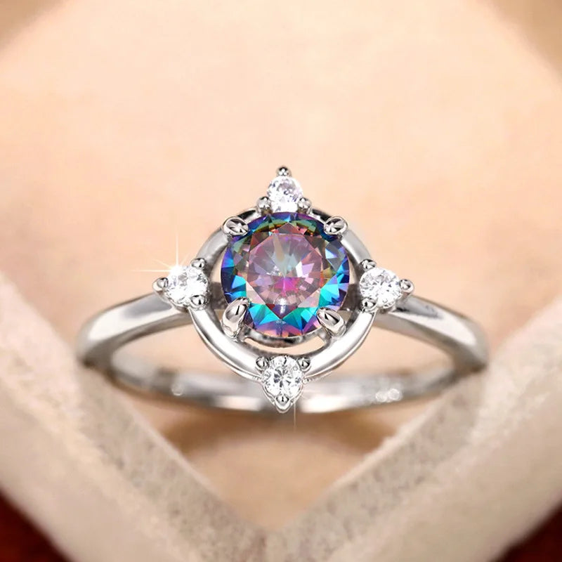Q086 Women's Silver Engagement Ring With Fancy Round Brilliant Cut Synthetic Diamond Main Stone And Side Diamonds