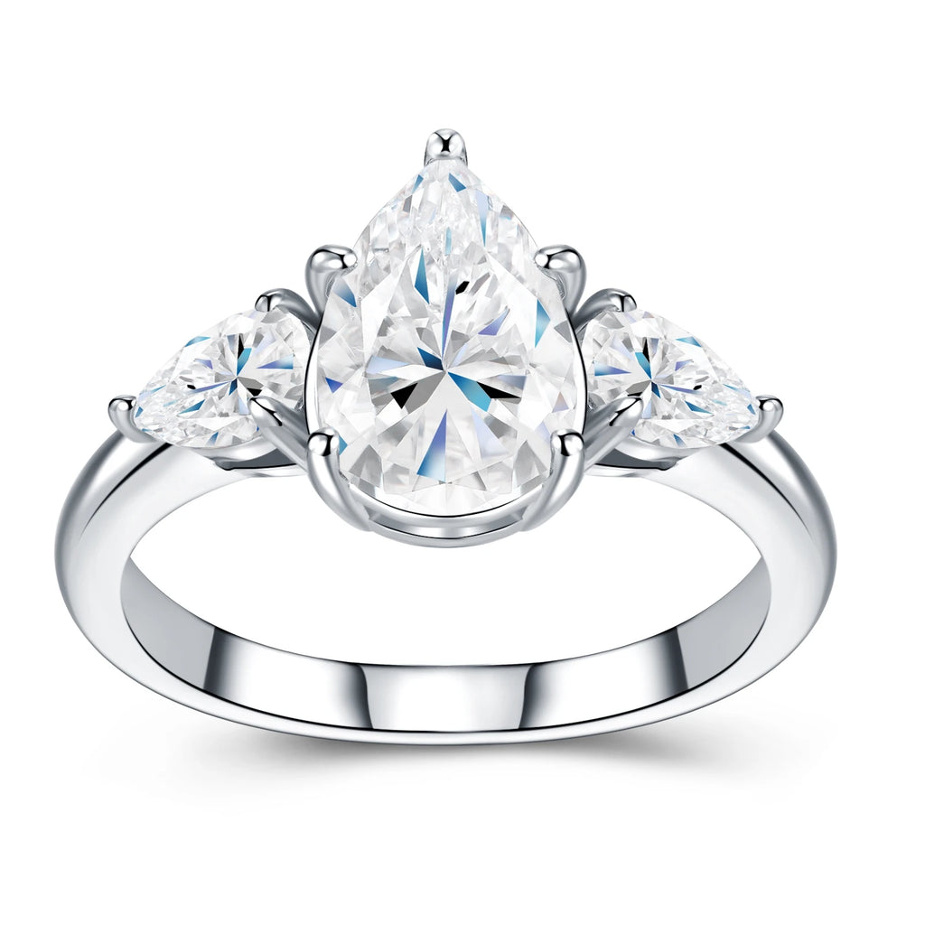 Popular Moissanite Pear Cut Ring Three Stone Engagement Ring 925 Silver Pear Side Stone Bridal Wedding Ring for Women Ring