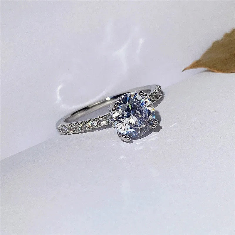 F1289 Women's White Gold Diamond Engagement Ring Round Brilliant Cut Natural D Color Side Diamonds