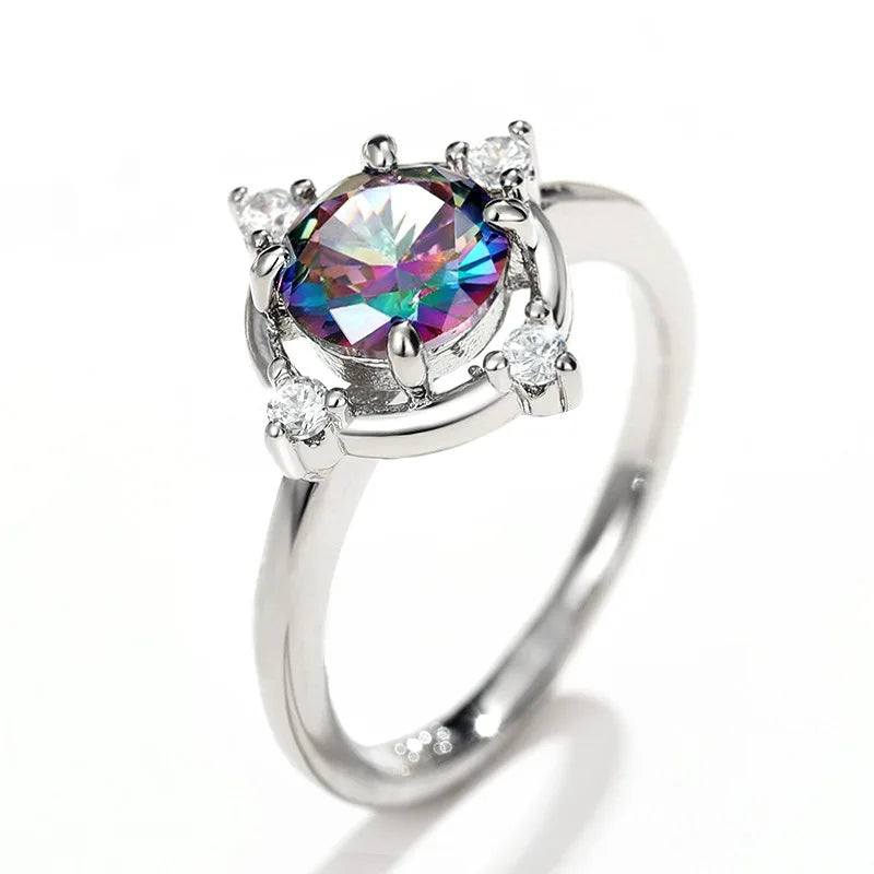 Q086 Women's Silver Engagement Ring With Fancy Round Brilliant Cut Synthetic Diamond Main Stone And Side Diamonds