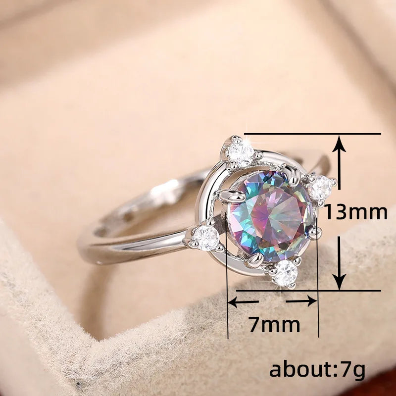 Q086 Women's Silver Engagement Ring With Fancy Round Brilliant Cut Synthetic Diamond Main Stone And Side Diamonds