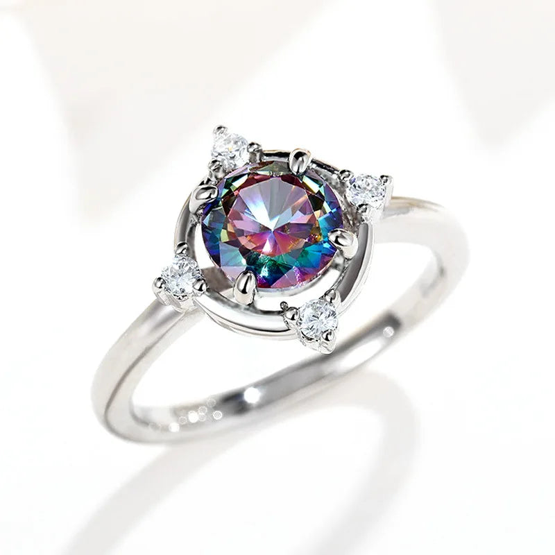 Q086 Women's Silver Engagement Ring With Fancy Round Brilliant Cut Synthetic Diamond Main Stone And Side Diamonds