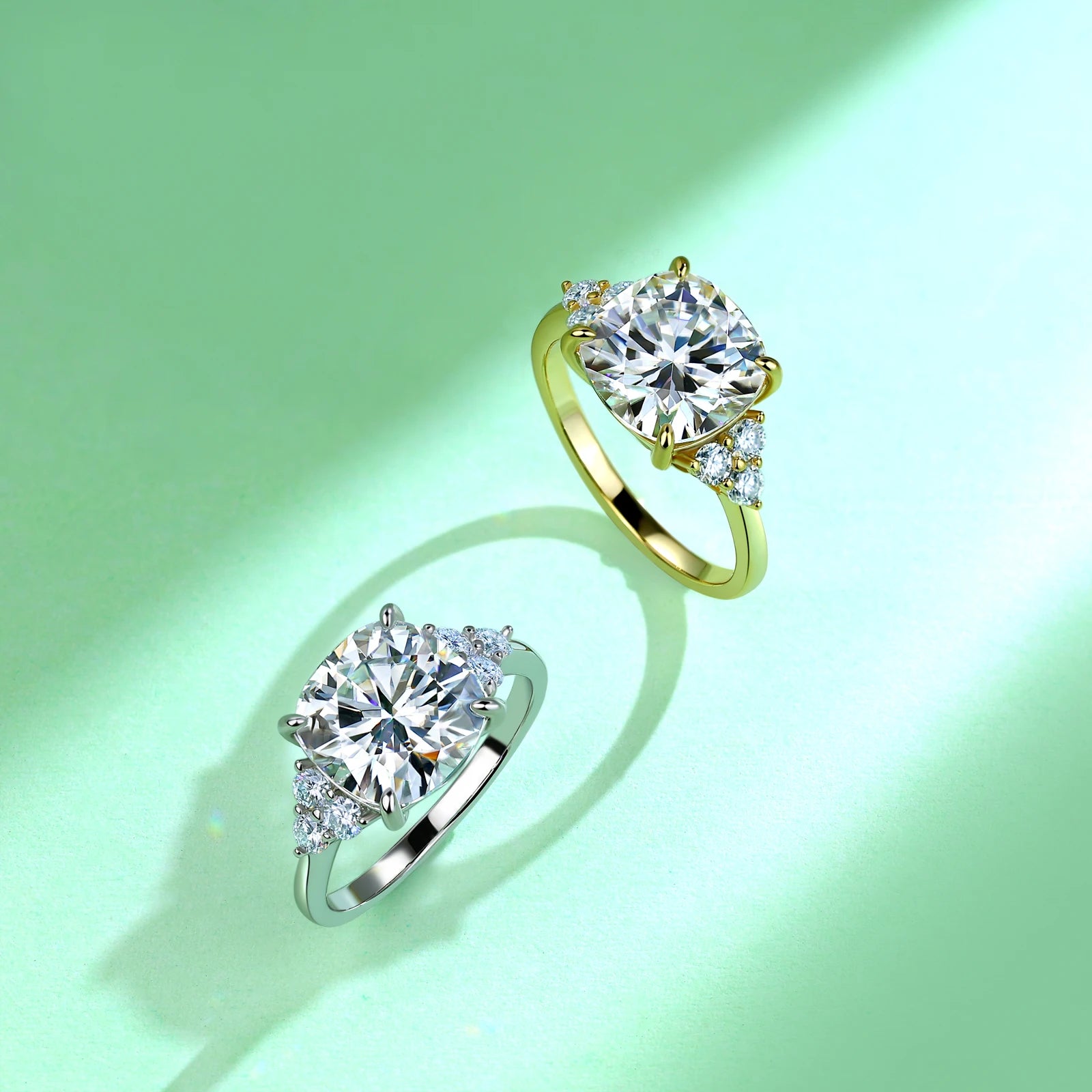 5.4 CTW 3 Stone Round Moissanite Engagement Ring S925 Sterling Silver with Paved Side Stones Fine Jewelry