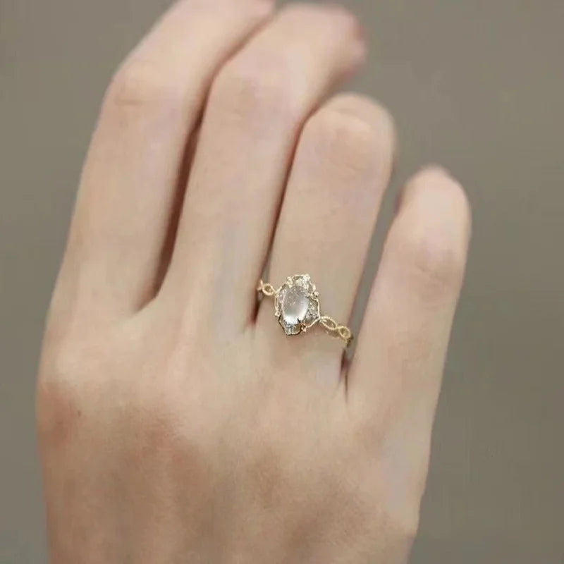 Q931 Flower Moonstone Ring Women's Natural Gemstone Engagement Ring Prong Setting Round Stone Fashion Jewelry