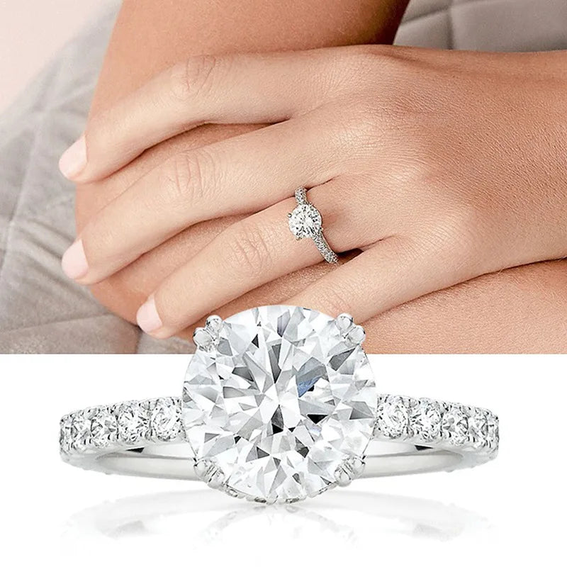 F1289 Women's White Gold Diamond Engagement Ring Round Brilliant Cut Natural D Color Side Diamonds