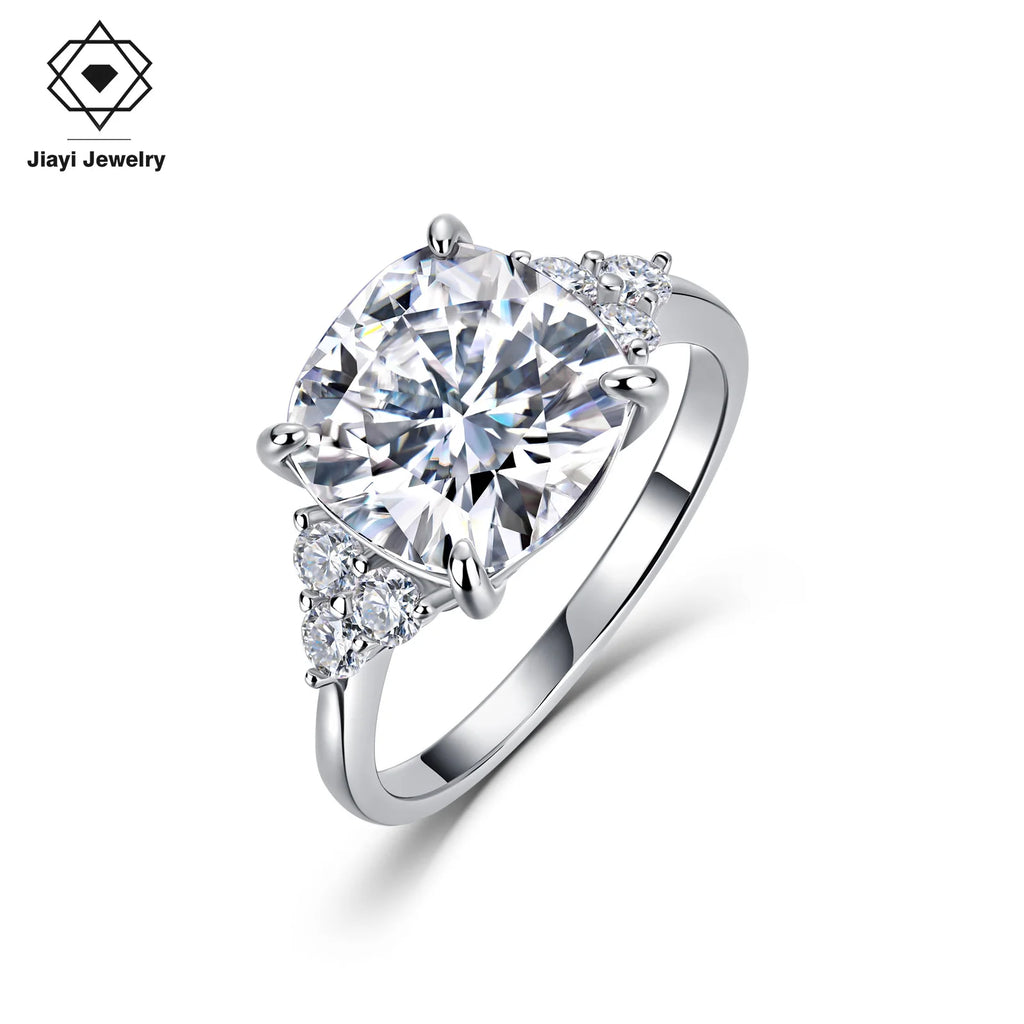 5.4 CTW 3 Stone Round Moissanite Engagement Ring S925 Sterling Silver with Paved Side Stones Fine Jewelry