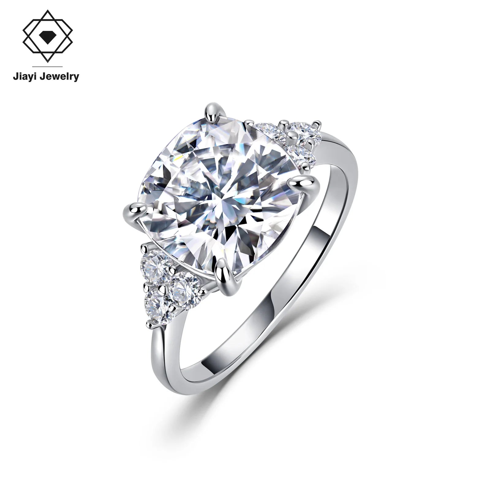 5.4 CTW 3 Stone Round Moissanite Engagement Ring S925 Sterling Silver with Paved Side Stones Fine Jewelry