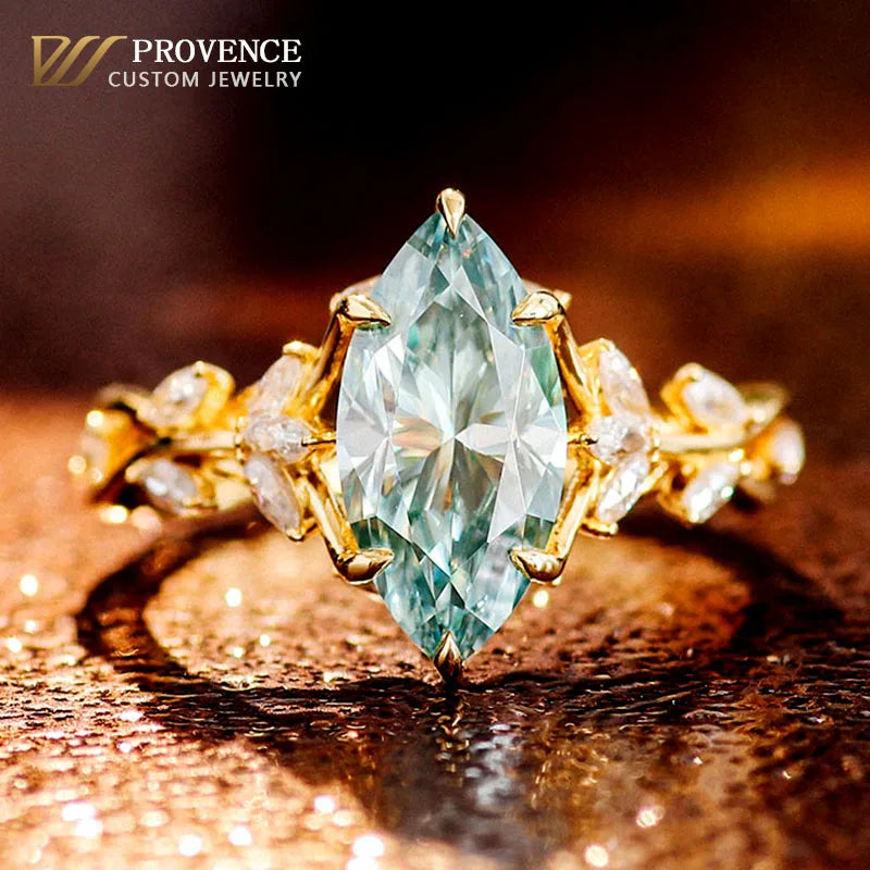 High Quality Green Moissanite Ring Real 18K Gold  Engagement Ring Green Marquise Cut Diamond Wedding Ring for Women Party Gift
