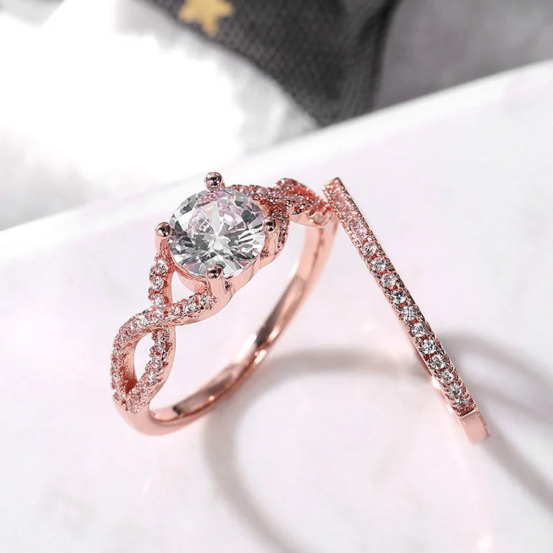 F817 Women's Rose Gold Diamond Engagement Ring Round Brilliant Cut Synthetic Lab Grown Diamond Band With Side Stones