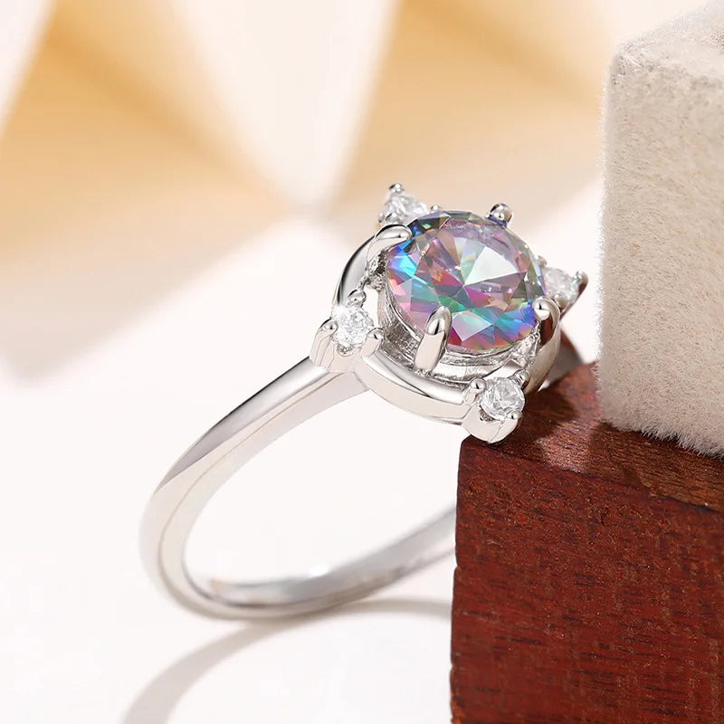 Q086 Women's Silver Engagement Ring With Fancy Round Brilliant Cut Synthetic Diamond Main Stone And Side Diamonds