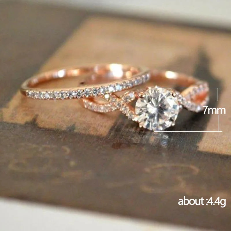 F817 Women's Rose Gold Diamond Engagement Ring Round Brilliant Cut Synthetic Lab Grown Diamond Band With Side Stones