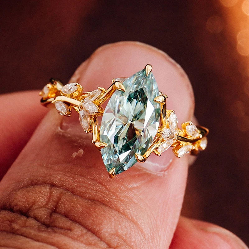 High Quality Green Moissanite Ring Real 18K Gold  Engagement Ring Green Marquise Cut Diamond Wedding Ring for Women Party Gift