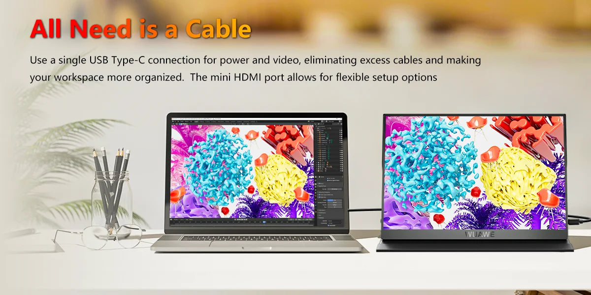 WUAWE 15.6 inch Portable Monitor Laptop, 15.6-inch 1080p72 NTSC 100 sRGB USB C HDMI Travel External Second Computer Screen HDRi