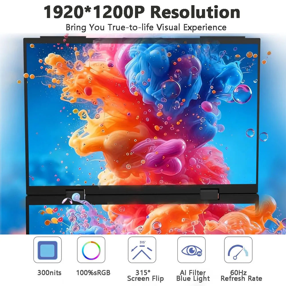 14'' Portable Monitors Dual Screen1920*1200 1.2K Triple Pc Display Laptop Screen Extender Folding Stacked Dual Monitors
