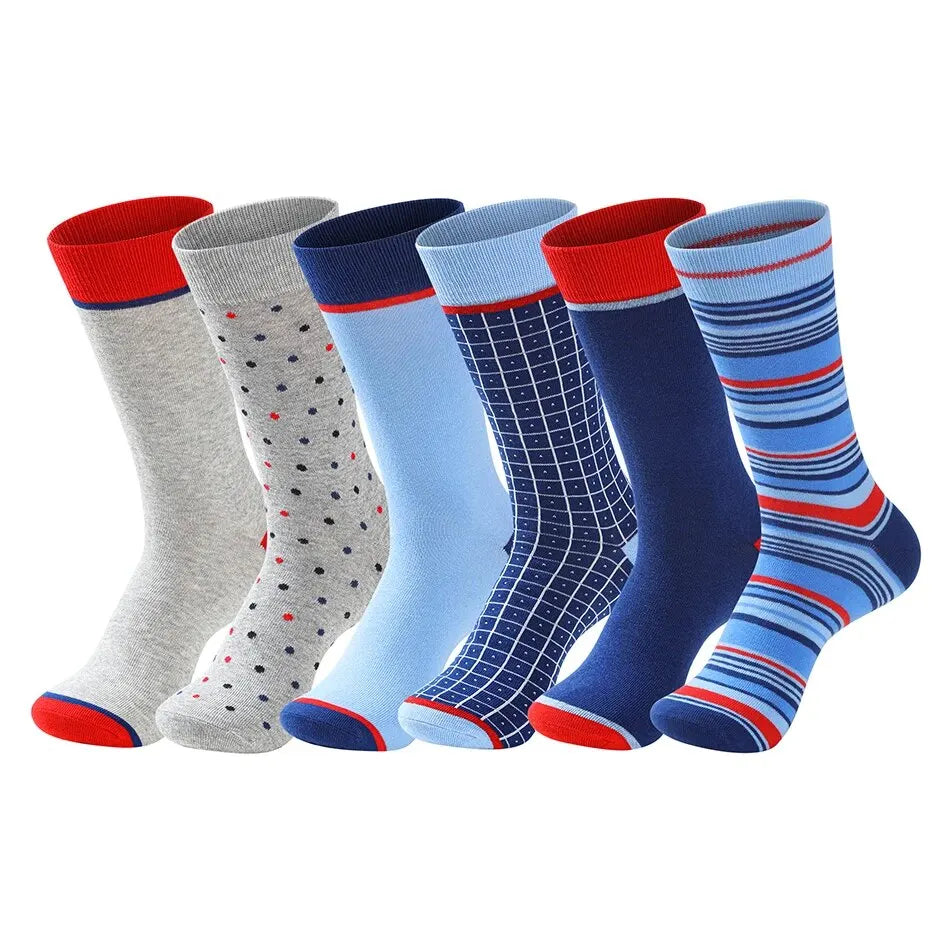 6 Pairs Men Dress Socks High Quality Cotton Business Casual Soft Brand Fashion Design Blue Dots Pattern Plus Size Long Male Sock