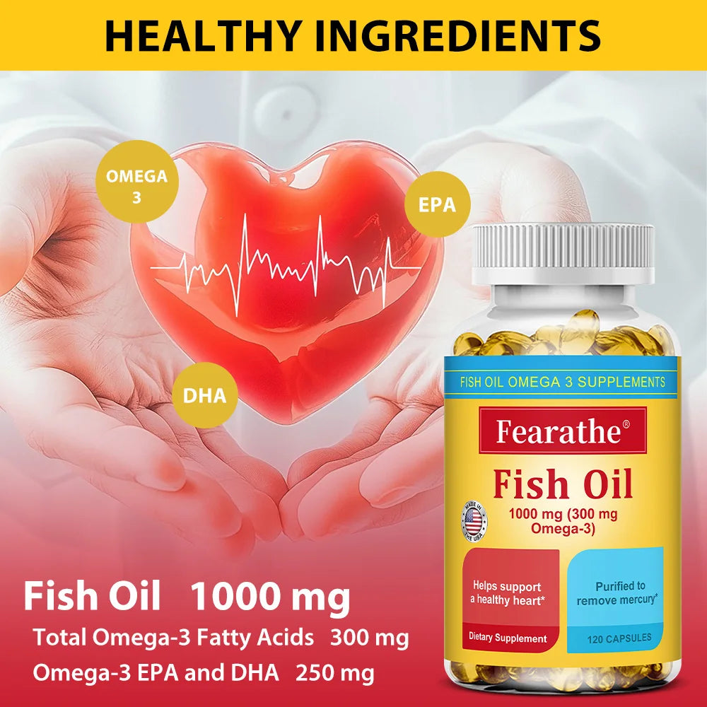 Fish Oil Omega-3 Supplement 1000mg - Supports Heart, Brain, and Joint Health - 120 High-Purity Softgels