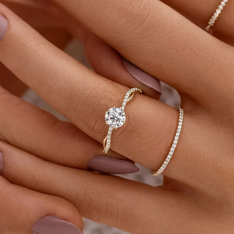 Monkton 14K Gold 925 Sterling Silver Wedding Rings for Women Classic Round Zircon Ring For Bridal Girls Party Propose Gifts