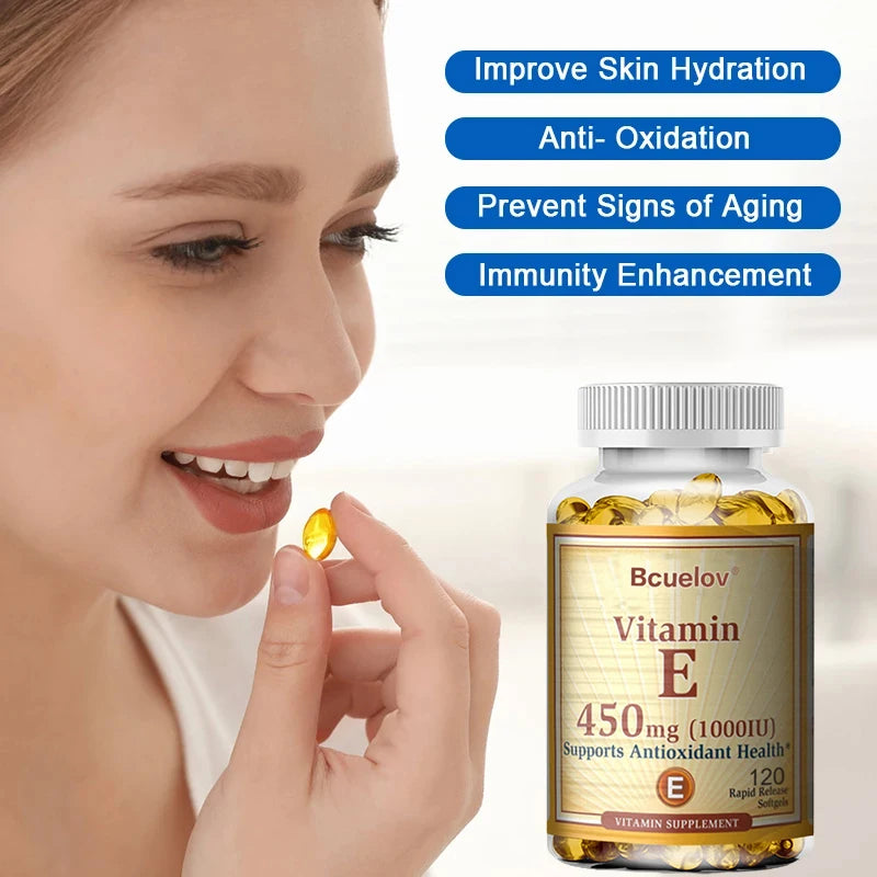 Bcuelov Vitamin E 1000 IU 450mg - for skin, hair, circulatory health, immune system support - antioxidant supplement
