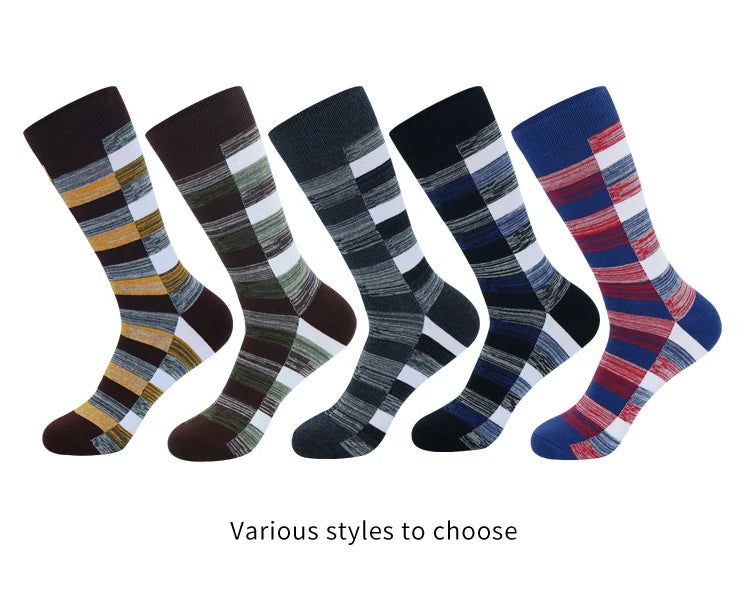 5 Pairs Mens Dress Socks stripe Plus Size，High Quality Combed Cotton Crew Socks，Black Cool Breathable Casual Socks for men