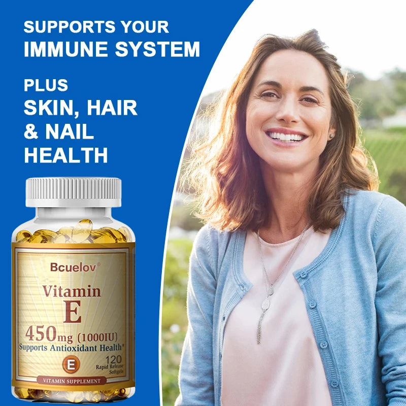 Bcuelov Vitamin E 1000 IU 450mg - for skin, hair, circulatory health, immune system support - antioxidant supplement