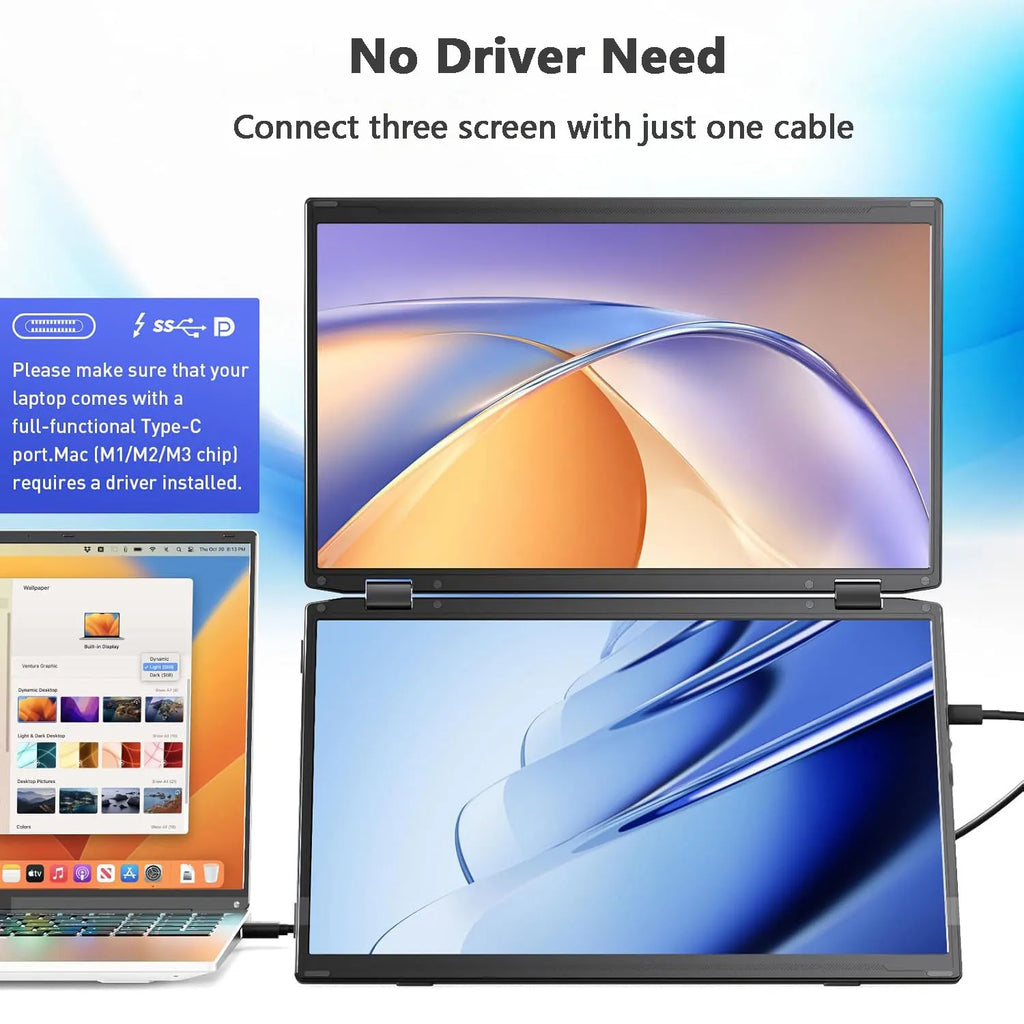 14'' Portable Monitors Dual Screen1920*1200 1.2K Triple Pc Display Laptop Screen Extender Folding Stacked Dual Monitors