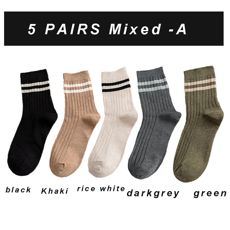 5/7 Pairs Men's New Striped Casual Breathable Socks High Quality Harajuku Retro Socks Men's Socks Autumn Winter One Size 38-44
