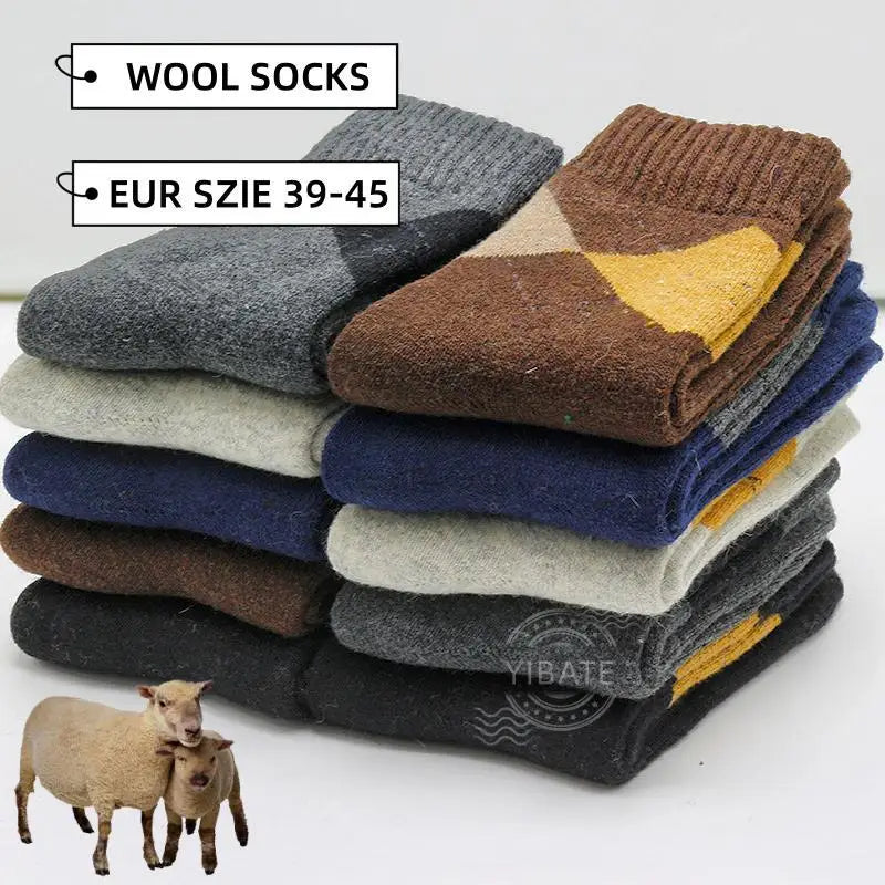 Winter Thick Warm Men's Merino Wool Socks Diamond Plaid Fashion Terry Socks High Quality Harajuku Retro Casual Socks For Men
