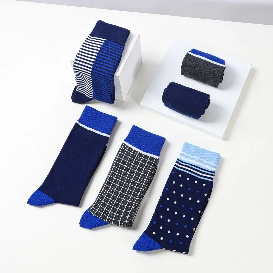 6 Pairs Men Dress Socks High Quality Cotton Business Casual Soft Brand Fashion Design Blue Dots Pattern Plus Size Long Male Sock