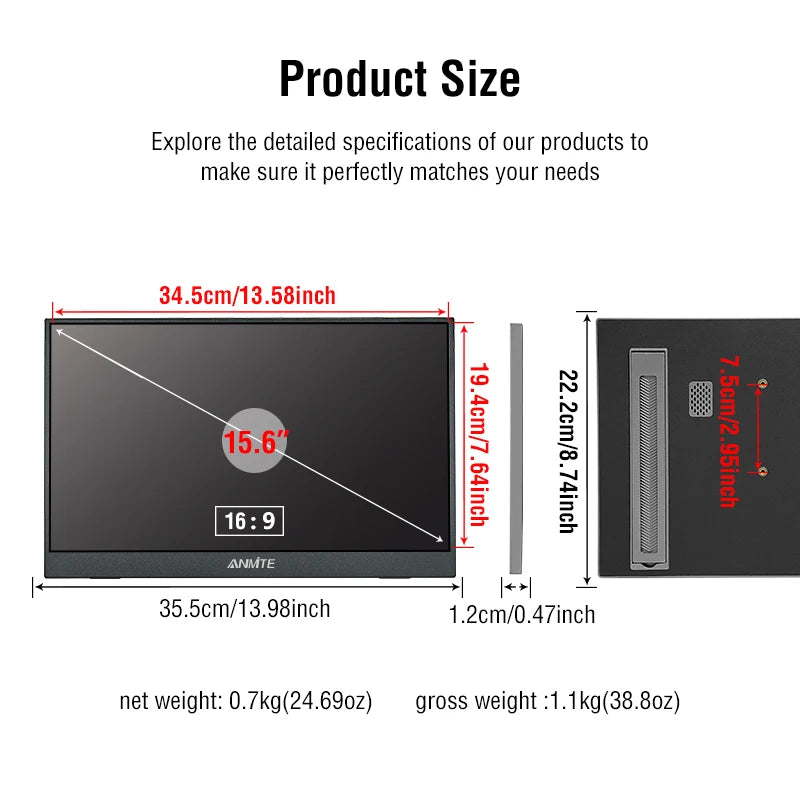 Anmite 15.6-Inch Portable Touch Monitor Non-touch optional 1080P HDR 16:9  For XBox PS4 / 5 Switch Cell Phone PC Loptop Extensio