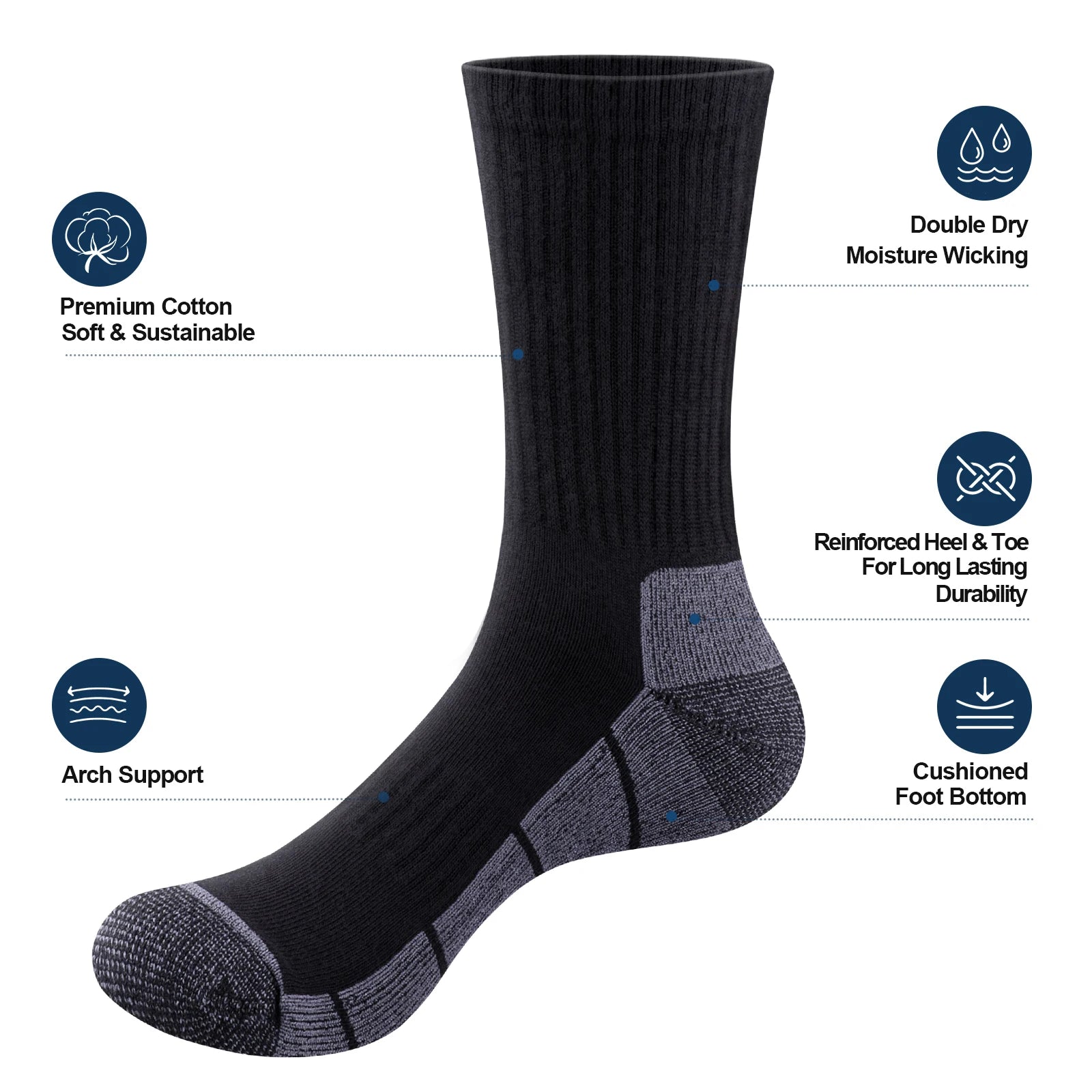 5 Pairs Men's Socks Cushioned Sports Wicking Breathable Performance Cotton Crew Socks for Training Hiking Walking Work Athletic