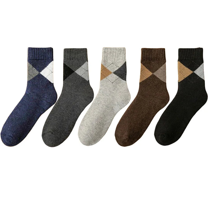 Winter Thick Warm Men's Merino Wool Socks Diamond Plaid Fashion Terry Socks High Quality Harajuku Retro Casual Socks For Men