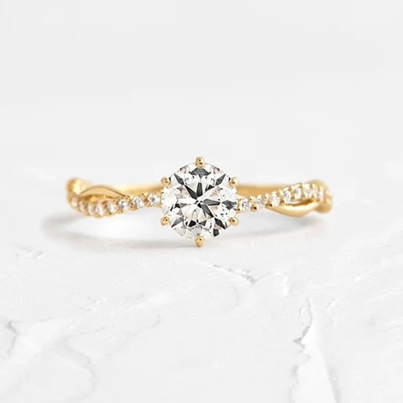 Monkton 14K Gold 925 Sterling Silver Wedding Rings for Women Classic Round Zircon Ring For Bridal Girls Party Propose Gifts