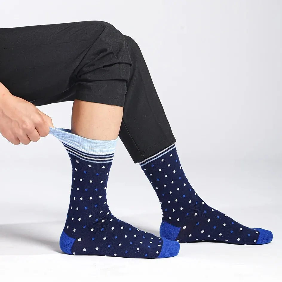 6 Pairs Men Dress Socks High Quality Cotton Business Casual Soft Brand Fashion Design Blue Dots Pattern Plus Size Long Male Sock