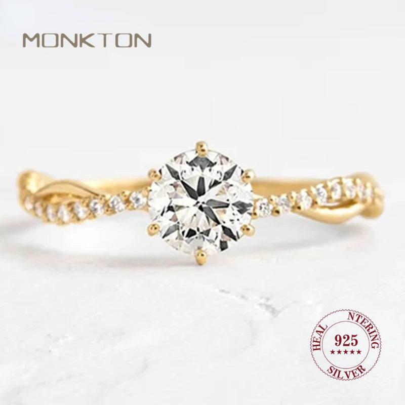 Monkton 14K Gold 925 Sterling Silver Wedding Rings for Women Classic Round Zircon Ring For Bridal Girls Party Propose Gifts
