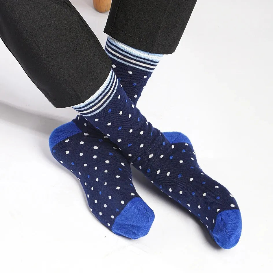 6 Pairs Men Dress Socks High Quality Cotton Business Casual Soft Brand Fashion Design Blue Dots Pattern Plus Size Long Male Sock