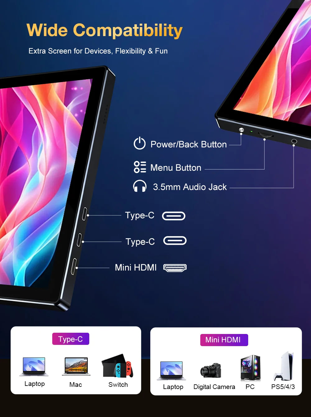 Unew 11 inch Portable Touch Monitor | 2.5K IPS, WQXGA, 350cd 92% NTSC USB-C/HDMI, VESA 75x75mm & Stand, For Mobile Phones Laptop