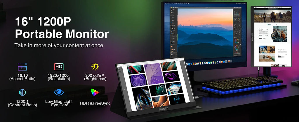 WUAWE 15.6 inch Portable Monitor Laptop, 15.6-inch 1080p72 NTSC 100 sRGB USB C HDMI Travel External Second Computer Screen HDRi