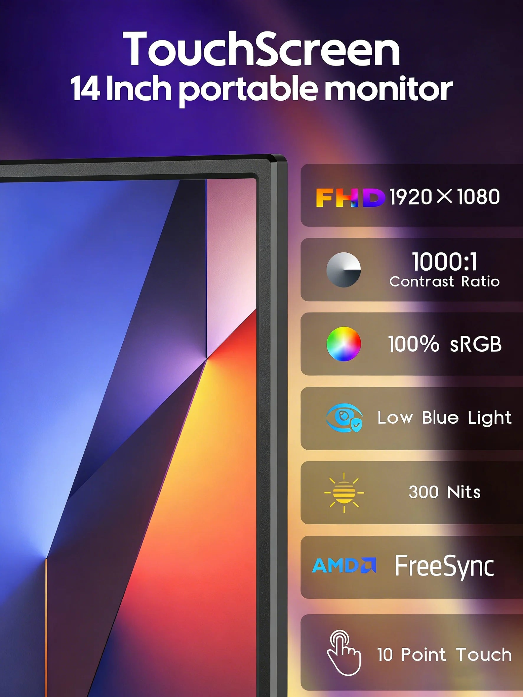 Amoudo 14 Inch Touch Portable Monitor  1920 x 1080P Second Screen FHD Lightweight Thin USB Type-C Mini HDMI Extend Screen