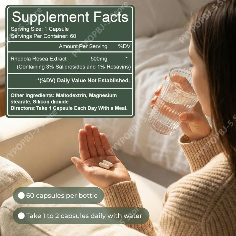 Rhodiola Rosea Supplement Golden Root Adaptogen Capsules Hodiola Rosea Extract Powder Alternative with Salidroside 60 Capsules
