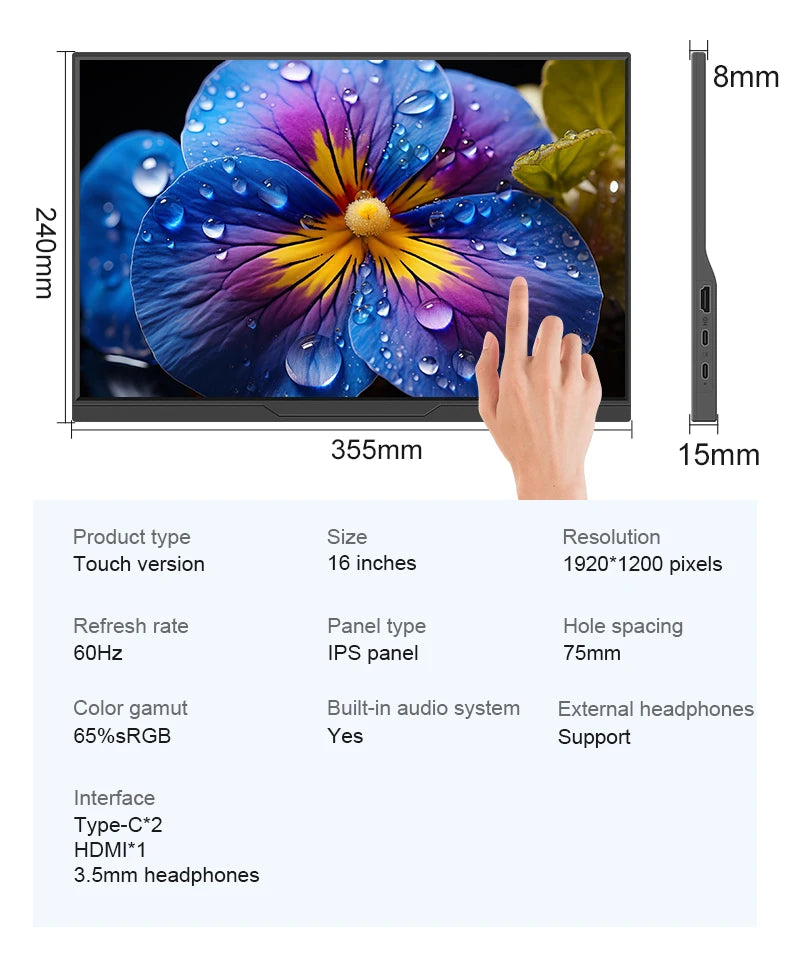 16inch Mobile Portable Monitor Touchscreen IPS Second Game Screen Extended Display for Laptop with Bracket For xbox/raspberry Pi