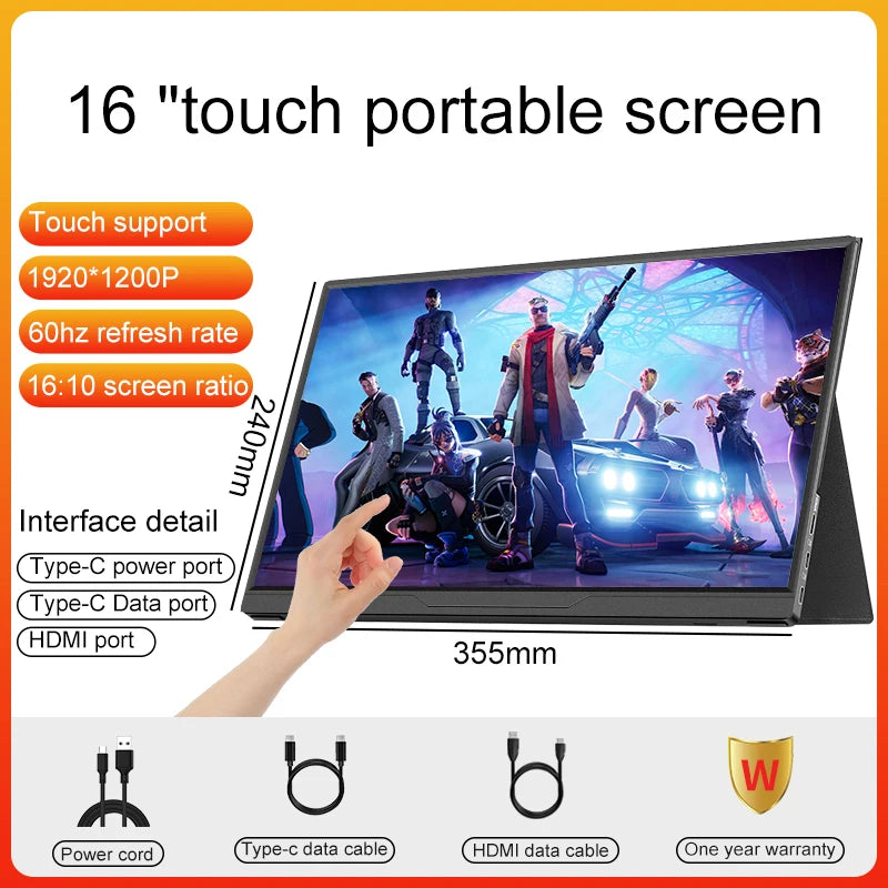 16inch Mobile Portable Monitor Touchscreen IPS Second Game Screen Extended Display for Laptop with Bracket For xbox/raspberry Pi