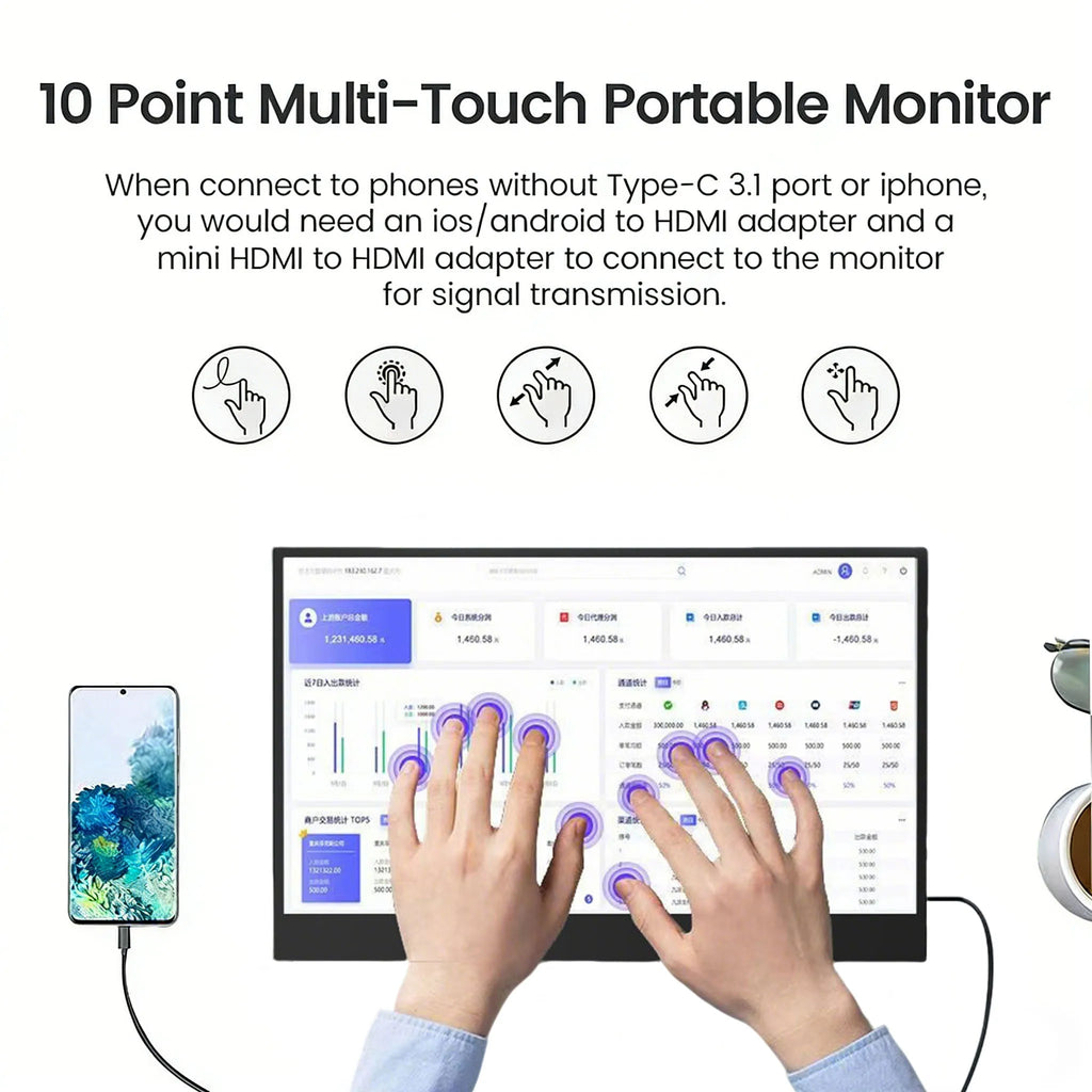 13.3'' Portable Touch Screen Monitor Display 1920*1200 16:10 IPS Panel 100% sRGB Extend Monitor For Mobile Phone Gaming TV Box
