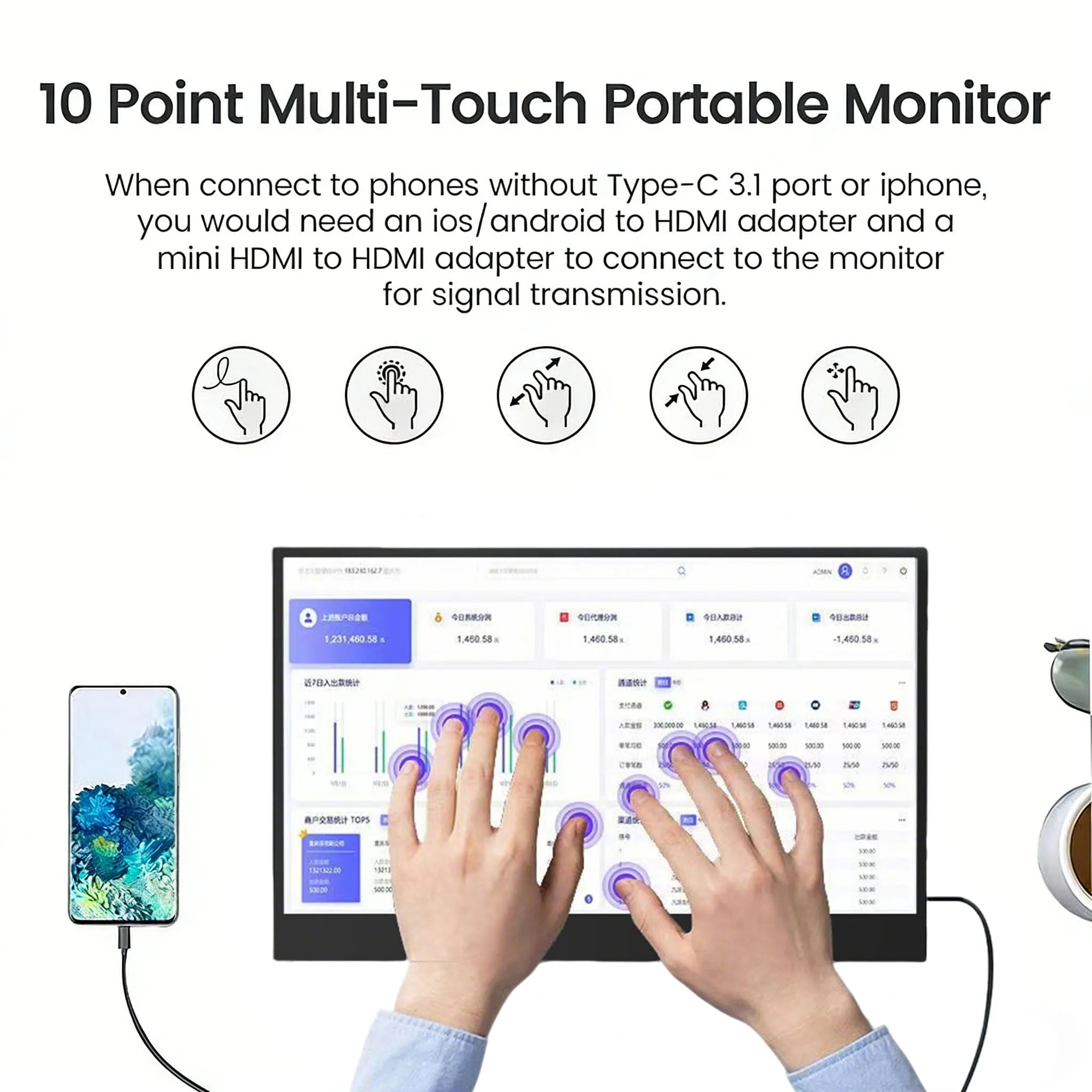 13.3'' Portable Touch Screen Monitor Display 1920*1200 16:10 IPS Panel 100% sRGB Extend Monitor For Mobile Phone Gaming TV Box