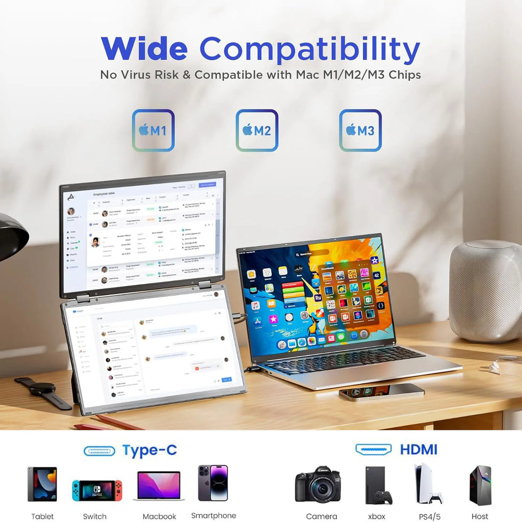 14'' Portable Monitors Dual Screen1920*1200 1.2K Triple Pc Display Laptop Screen Extender Folding Stacked Dual Monitors