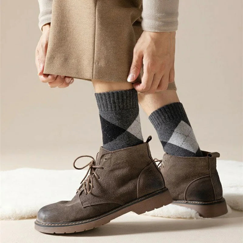 Winter Thick Warm Men's Merino Wool Socks Diamond Plaid Fashion Terry Socks High Quality Harajuku Retro Casual Socks For Men