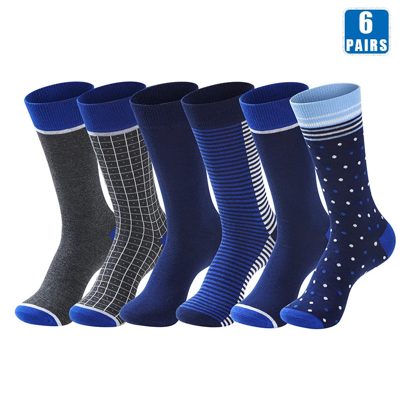 6 Pairs Men Dress Socks High Quality Cotton Business Casual Soft Brand Fashion Design Blue Dots Pattern Plus Size Long Male Sock