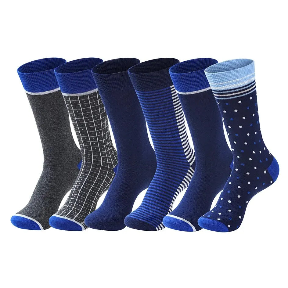 6 Pairs Men Dress Socks High Quality Cotton Business Casual Soft Brand Fashion Design Blue Dots Pattern Plus Size Long Male Sock
