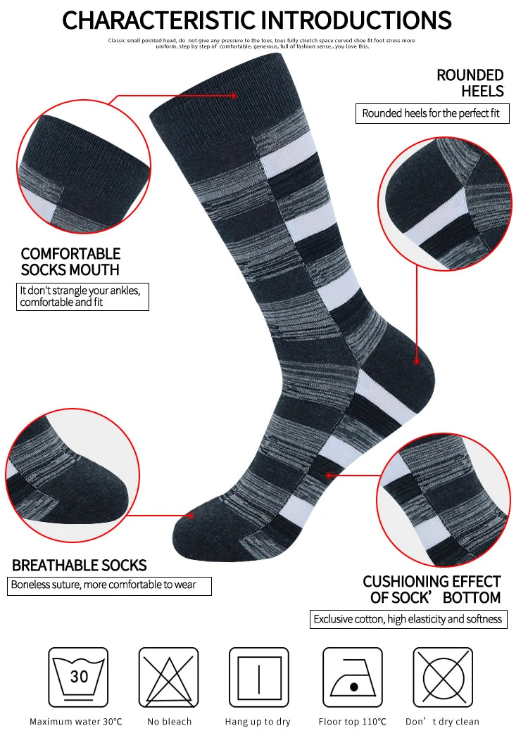 5 Pairs Mens Dress Socks stripe Plus Size，High Quality Combed Cotton Crew Socks，Black Cool Breathable Casual Socks for men