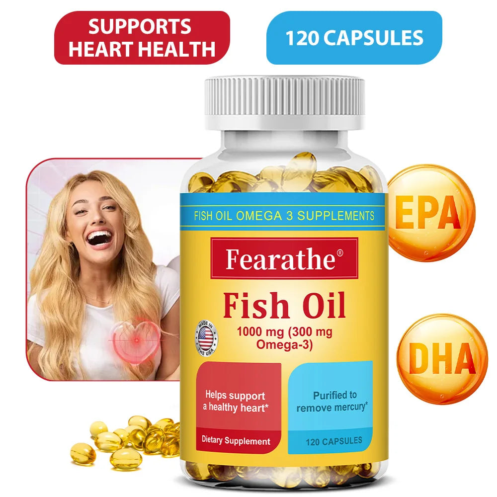 Fish Oil Omega-3 Supplement 1000mg - Supports Heart, Brain, and Joint Health - 120 High-Purity Softgels